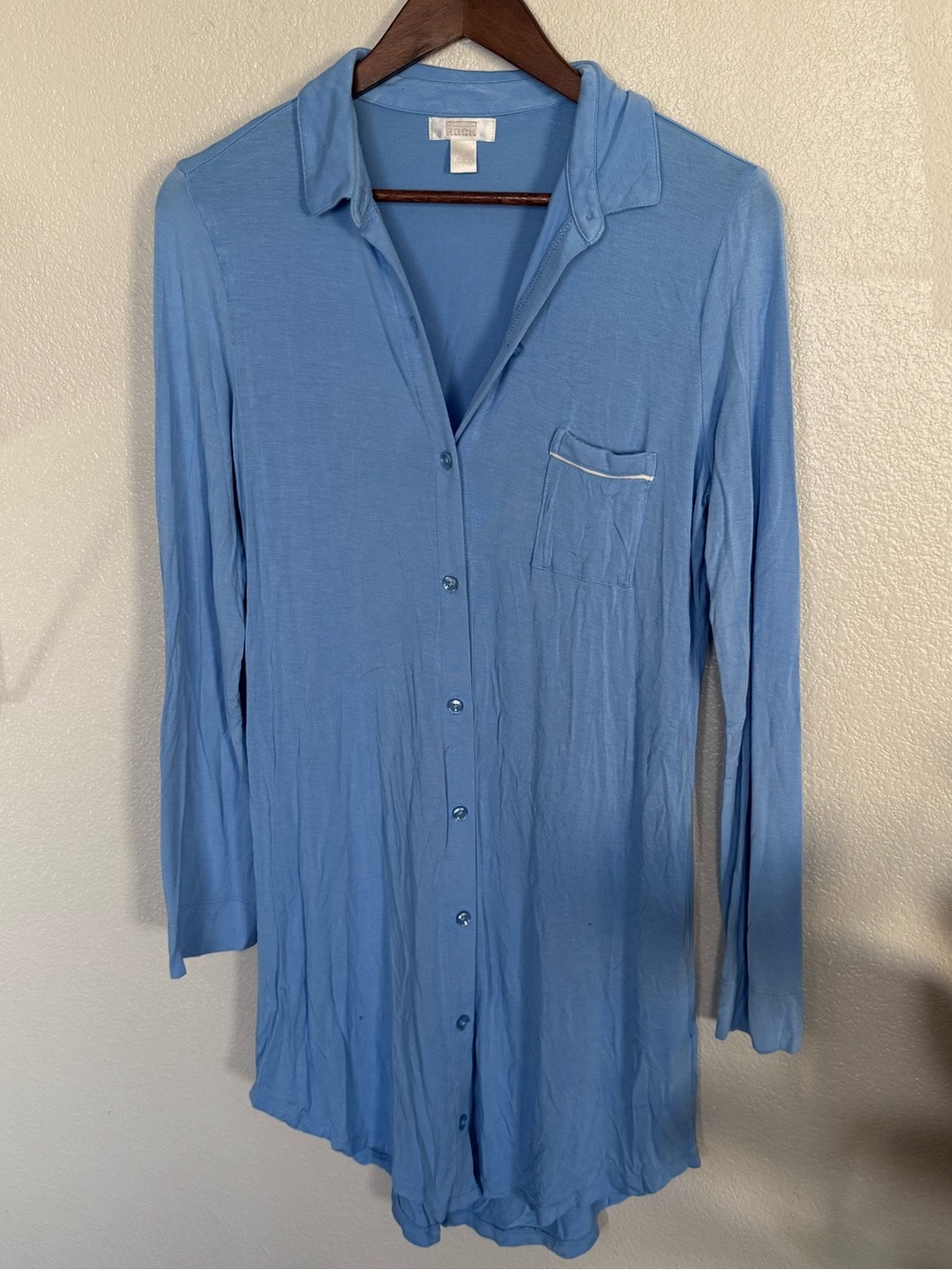 Women's Button-Front Light Blue Long Sleep Shirt